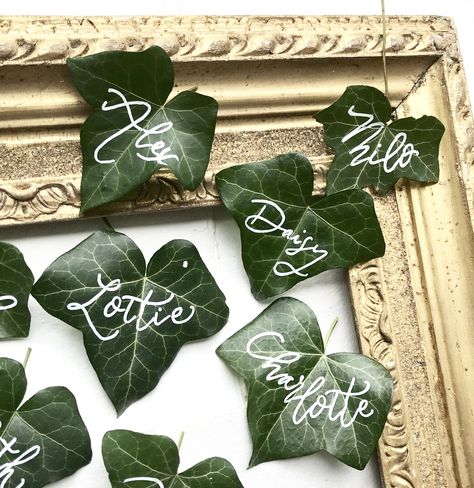 Leaf Name Cards Wedding, Botanical Wedding Theme Decor, Vine Themed Wedding, Ivy Themed Party, Leafy Wedding Decor, Wedding Ivy Decoration, Botanical Party Theme, Ivy Wedding Decor, Leaf Place Cards