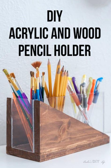 Easy DIY plexiglass project idea! Love this acrylic and wood pencil holder. Full tutorial with video. SO easy to make #AnikasDIYLife #pencilholder #plexiglass #acrylic #diy #beginnerwoodworking Wood Pencil Holder, Advanced Woodworking Plans, Acrylic Diy, Woodworking Project Plans, Scrap Wood Projects, Learn Woodworking, Design Seeds, Wood Working For Beginners, Diy Pallet Projects