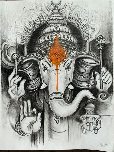 Ganesha Artwork, Charcoal Painting, Ganesha Drawing, Charcoal Paint, Ganesh Art Paintings, Polynesian Tattoos, Pen Art Work, Geometric Tattoos, Mandala Art Therapy