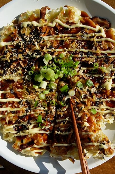 Okonomiyaki Recipe Vegetarian, Japanese Okazuya Recipes, Asian Egg Pancake, Cabbage Pancakes Okonomiyaki Sauce, Japanese Cabbage Pancake Recipe, Cabbage Pancake Japanese, Japanese Cabbage Pancake, Okonomiyaki Vegetarian, Okinawa Recipes Healthy