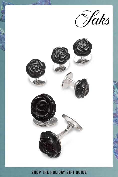 Designed to resemble carved roses, this sterling silver and onyx set includes cufflinks and tuxedo studs. Includes: Two cufflinks, four tuxedo studs Onyx 925 sterling silver Solid center Whale back Imported SIZE Cufflinks diameter, about 0.6 Tuxedo studs diameter, about 0.39 Tuxedo Studs, Apparel Accessories, Cufflinks, Onyx, 925 Sterling Silver, Carving, Sterling Silver, Outfit Accessories, Silver