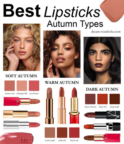 True Autumn Lipstick Palette, Soft Autumn Drugstore Makeup, Soft Autumn Lipstick Colors, Soft Autumn Blonde Hair, Soft Autumn Hair Color Ideas, True Autumn Makeup, Warm Autumn Makeup, Dark Winter Makeup, Autumn Profile