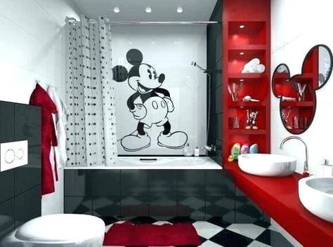 Mickey Bathroom, Mickey Mouse Bathroom, Disney House Ideas, Mickey Mouse Room, Mickey Mouse Bedroom, Disney Themed Rooms, Disney Bathroom, Casa Disney, Deco Disney