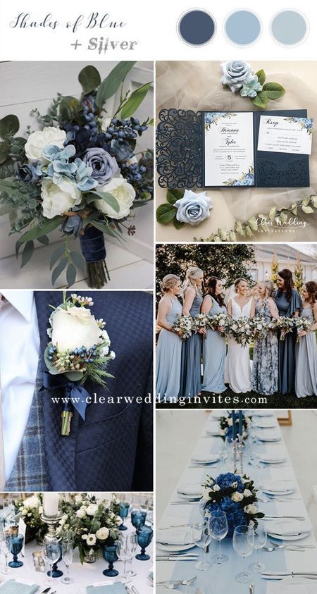 Shades Of Blue Wedding Flowers, Dusty Blue And Tan Wedding, Silver And Navy Blue Wedding, Navy Blue And Gray Wedding, Shades Of Blue Wedding, Types Of Greenery, September Wedding Colors, Navy Blue Wedding Theme, Wedding Color Schemes Blue