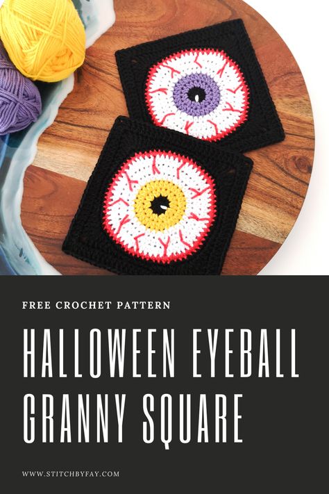 Eyeball Granny Square Pattern, Spooky Granny Square Pattern Free, Crochet Eyeball Granny Square, Spooky Crochet Granny Square, Halloween Granny Square Blanket, Halloween Granny Square Crochet Free, Spooky Granny Square Pattern, Halloween Granny Square Pattern, Halloween Crochet Squares