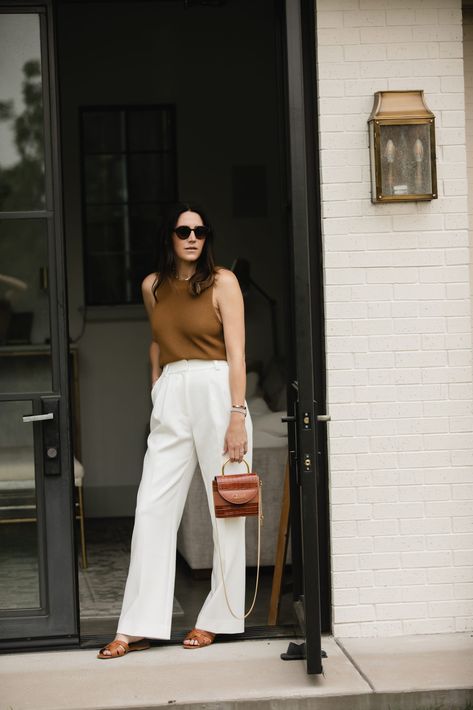 https://thegraydetails.com/15-brown-and-white-outfits/ White Slacks Outfit Classy, White Trousers Outfit Casual, White Trousers Outfit Classy, Saint Laurent Tribute Sandal, Style White Pants, White Pants Outfit Summer, White Trousers Outfit, Trousers Outfit Casual, White Linen Pants Outfit