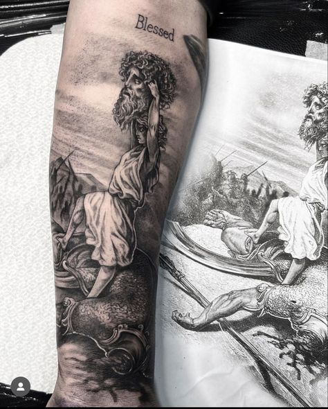 Tattoo , david and goliath , Doctor With Tattoos, Moses Tattoos For Men, Bible Tattoo Sleeve, Daedalus Tattoo, David Vs Goliath Art, David Vs Goliath Tattoo, King David Tattoo, Biblical Tattoos For Men Forearm, Biblical Tattoos Sleeve