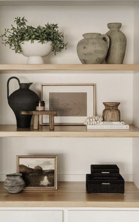 Alcove Styling Ideas, Long Shelves Decor, Shea Mcgee Shelf Styling, Tv Shelf Styling, Modern Minimalist Shelf Decor, Modern Vintage Shelf Decor, Styling A Wall Shelf, Style Office Shelves, Shelf Styling Living Room Modern