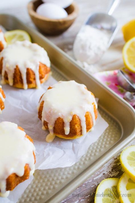 My Name Is Snickerdoodle: Peach Lemon Mini Bunt Cakes (And A Gluten Free Version!) Gluten Free Mini Bundt Cake Recipes, Small Batch Mini Bundt Cakes, Cute Mini Bundt Cakes, Lemon Poppyseed Mini Bundt Cake, Mini Lemon Bundt Cakes Recipe, Gluten Free Bundt Cake, Snickerdoodle Recipes, Mini Bunt Cake, Gf Cake