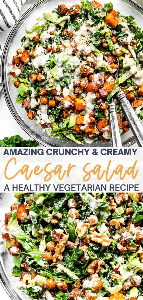 Crispy Chickpea, Kale Caesar, Kale Caesar Salad, Vegetarian Salad Recipes, Vegetarian Meal Prep, Salad Meal Prep, Vegetarian Salads, Hearty Salads, Salad Recipes For Dinner