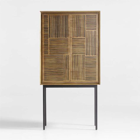 Keenan Bar Cabinet | Crate & Barrel Bar Storage Cabinet, Japanese Block Print, Home Bar Cabinet, Hand Carved Teak, Inside Cabinets, Bar Storage, Storage Cabinet Shelves, Crate Storage, Wood Bar