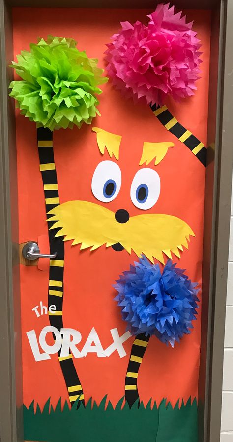 Dr Seuss The Lorax Crafts, The Lorax Door Decorations Classroom, Dr Seuss Doors Classroom, Dr Seuss Classroom Decor, Dr Seuss Week Decorations, The Lorax Classroom Door, Dr Suess Classroom Decorations, Dr Suess Door Decorations Classroom, Literacy Week Door Decorations