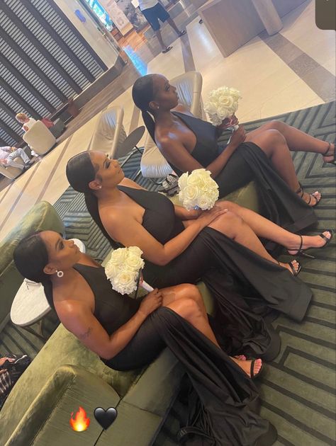 Black Women Bridal Party, Black Bridesmaid Dresses Black Women, Wedding Inspo Black People, Black Tie Wedding Black People, Bridesmaids Black Women, Black Women Bridesmaids, Black Bridesmaid Hairstyles, Bridesmaid Dresses Black Women, Black People Wedding Ideas Color Schemes