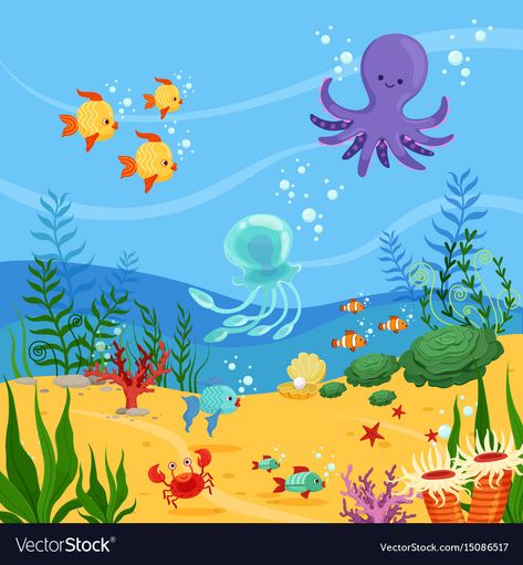 Underwater background with ocean Royalty Free Vector Image Underwater Drawing, Underwater Cartoon, Underwater Background, Ocean Underwater, Underwater Painting, Underwater Theme, Underwater Scene, Sea Life Art, Underwater Sea