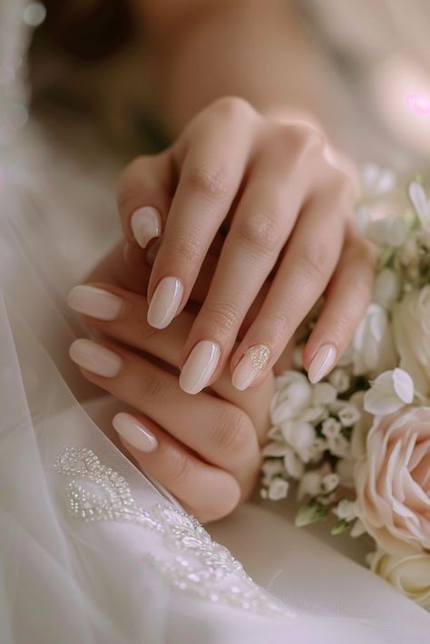 Bridal Nails Neutral, Champagne Colored Nails For Wedding, Wedding Nails Solid Color, Bride Natural Nails, Perfect Engagement Nails, Clean Bridal Nails, Gel X Bridal Nails, Nails 2024 Wedding, Wedding Nails Ideas For The Bride