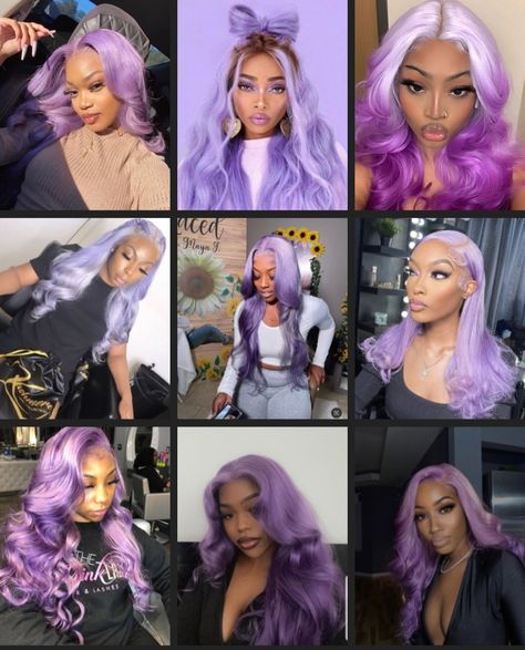 Black women wearing lavender hair in various ways Lavender Hair On Black Women, Purple Grey Hair Color, Violet Hair Black Women, Light Purple Hair Black Women, Lilac Hair Black Women, Pastel Hair Black Women, Black Women With Purple Hair, Purple Silver Hair, Lavender Braids