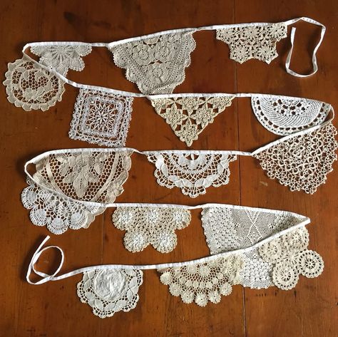 Lucy | Vintage doily bunting in off whites and creams. Length measures 4m long plus extra for tying. 18 vintage doilies in excellent condition!… | Instagram Doily Garland Diy, Old Doilies Ideas, Vintage Doilies Repurposed, Doily Garland, Doily Bunting, Lace Bunting, Wedding Ballroom, Folk Victorian, Doilies Crafts