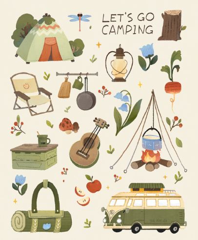 Camping Aesthetic Illustration, Glamping Illustration, Summer Camp Illustration, Guidebook Design, Camping Illustration, Americana Art, Summer Illustration, Little Doodles, Art Prompts