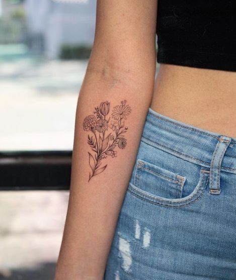 Tattoo Placement Arm, Flower Bouquet Tattoo, M Tattoos, Bouquet Tattoo, Wildflower Tattoo, Mommy Tattoos, Flower Tattoo Arm, Healing Tattoo, Birth Flower Tattoos