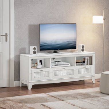 Beachcrest Home Swanscombe 48'' Wide Rolling Kitchen Island with Solid Wood Top & Reviews - Wayfair Canada Rustic Wood Tv Stand, 55 Inch Tv Stand, White Tv Stands, Wood Tv Stand, White Tv, Framed Photos, Wood Tv, White Oak Wood, Tv Stand Wood