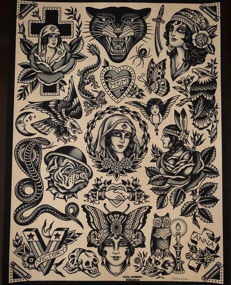 Paul Dobleman on Instagram: "You can find this poster and so much more in my new book... My Traditional Vision by @mikivialetto @tattoolifemagazine there is a presale happening right now, all the best and thank you for the support" American Classic Tattoo, Paul Dobleman, Traditional Tattoo Arm, Black Flash Tattoos, Traditional Tattoo Man, Traditional Tattoo Stencils, Traditional Tattoo Flash Sheets, Traditional Tattoo Drawings, Tattoo Poster