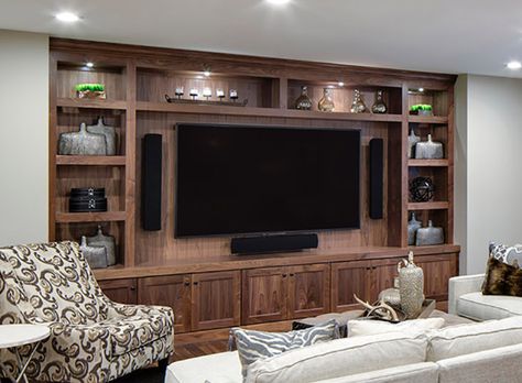 Built In Tv Wall Unit Dark Wood, Walnut Entertainment Center, Built In Tv Wall Unit, Large Entertainment Center, Wall Entertainment Center, Family Room Remodel, Built In Entertainment Center, Wood Entertainment Center, Home Bar Rooms