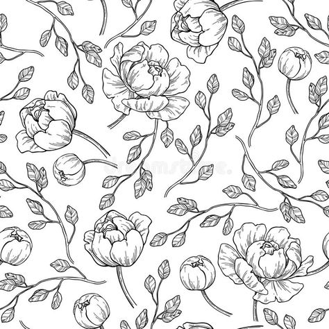 Peony flower seamless pattern drawing. Vector hand drawn engrave stock illustration Flower Seamless Pattern, Wallpaper Black And White, Peony Wallpaper, Flower Drawing Design, Drawing Vector, Leaf Drawing, Hand Drawn Flowers, Floral Prints Pattern, Wallpaper Black