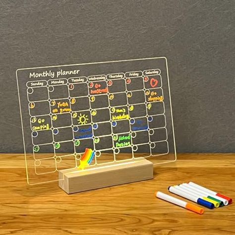 Nian Feng Acrylic Dry Erase Boards with Wooden Light Base, Clear Monthly and Weekly Calendar for College Drom/Bedroom/Office, Wireless, Reusable, Include 6 Dry Erase Markers. Weekly Planner Whiteboard, Whiteboard Organization, Floor Easel, Dry Erase Board Calendar, Diy Spring Crafts, Whiteboard Calendar, Dry Erase Wall, Dry Erase Boards, Dry Erase Calendar