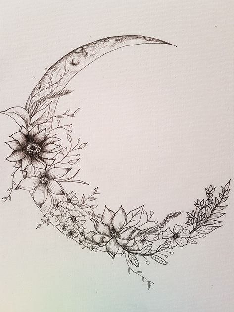 A crescent moon covered in flowers, drawn with fine liner pens on recycled paper https://www.etsy.com/shop/RosiesArtyStuff Witchy Mom Tattoo, Flower Moon Tattoo, Flowers Drawn, Half Moon Tattoo, Belly Art, Crescent Moon Tattoo, Aries Tattoo, Moon Tattoo Designs, Flower Moon