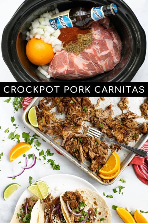 A simple recipe for delicious Crockpot Pork Carnitas! This Mexican classic comes together in no time using flavorful pork butt, spices, onion, oranges, and beer! With a special trick to get your carnitas tasting better than what you get at a restaurant! Perfect for filling tacos, burritos, quesadillas, and more! Blue Moon Carnitas Crockpot, Crockpot Carnitas Recipes, Carnitas Crockpot, Crockpot Pork Carnitas, Crockpot Carnitas, Pork Carnitas Recipe, Carnitas Recipe, Tacos Burritos, Pork Carnitas