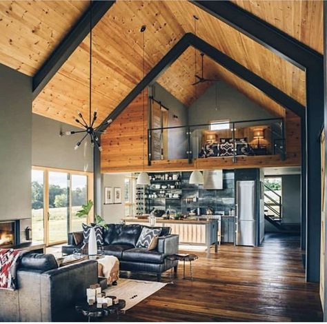 Loft, vaulted ceilings, and wide open Vaulted Ceiling Decor, Vaulted Ceiling Living Room, Barn Loft, House Plan With Loft, Modern Barn House, Loft House, Shed Homes, Vaulted Ceilings, Barn Style House