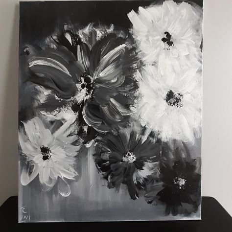 Black White And Grey Paintings, Black And White Floral Painting, Painting Ideas On Canvas Black And White, Flower Painting Black And White, Black And White Flower Painting, White Art Painting, Modern Art Canvas Painting, Painting Flowers Tutorial, Flowers Tutorial