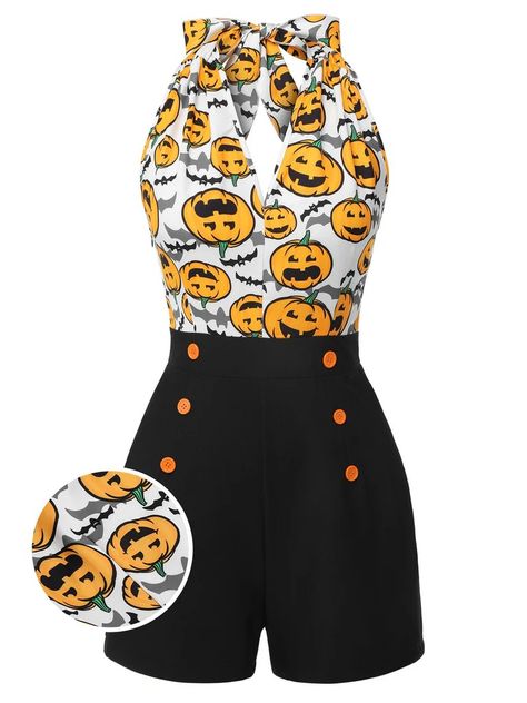 Black 1950s Halloween Pumpkin Halter Romper | Retro Stage 1950s Halloween, Halloween Dresses, Halloween Romper, Country Aesthetic, Random Crafts, Halter Romper, Watch Trends, Clothes Pattern, Standard Dress