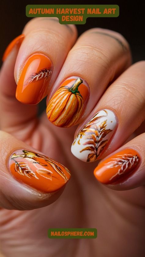 Celebrate the essence of fall with this stunning autumn-themed manicure. Each nail is a canvas of rich, warm colors, featuring intricate designs of pumpkins and golden wheat sheaves that embody the harvest season. The vibrant orange base pairs perfectly with the detailed art on the accent nails, making this manicure a true ode to autumn. Ode To Autumn, Spice Nails, Olive Nails, Nails Making, Detailed Art, Bright Summer Nails, Golden Wheat, Chic Halloween, Orange Ombre