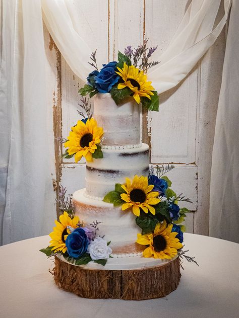 Sunflowers and blue roses on a semi-naked cake Sunflower Blue Roses Wedding, Marine Blue And Sunflower Wedding, Navy And Sunflowers Wedding, Blue Flowers And Sunflowers, Sunflower Cakes Wedding, Navy Blue And Yellow Wedding Cake, Wedding Cake Designs Sunflower, Royal Blue And Sunflower Wedding Cake, Blue Roses And Sunflowers Wedding