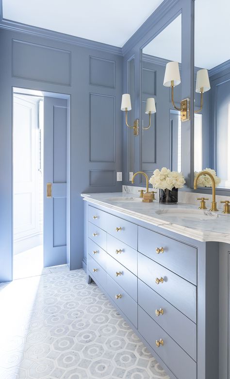 BLUE bathroom with millwork, SHOPHOUSE Geometric marble tile, paneled walls, brass hardware, dresser like vanity . pocket door Betsy Helm + Kiley Baun, SHOPHOUSE Design. Concrete Bathroom Vanity, Royal Vibes, Light Blue Bathroom, Blue Bathroom Vanity, Childrens Bathroom, Concrete Bathroom, Blue Cabinets, Bathroom Door, Door Designs