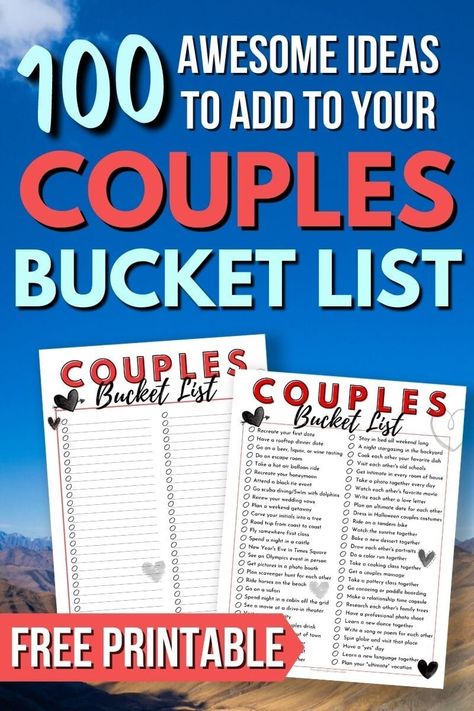 Want to make a couples bucket list? Get 100 bucket list ideas for couples to use to create the ultimate list of things to do together! From extravagant bucket list ideas like swimming in every ocean to easy ideas you can do at home, like baking a really complicated dessert together, you'll find some awesome activities to do with your husband here! Use the free printable bucket list template to keep track! Free Printable Bucket List, Bucket List Ideas For Couples, Couples Bucket List, Bucket List Template, Printable Bucket List, Couples Journal, Romantic Questions, Questions To Ask Your Boyfriend, Bucket List Family