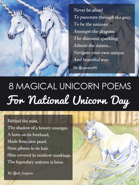 8 Magical Unicorn Poems for National Unicorn Day written by the amazing Story Saturday community on Twitter. #poetry #kidspoems #storysaturday #unicornday #unicornpoems #nationalunicornday National Unicorn Day, Unicorn Poem, Poems For, Pagan Inspiration, Unicorn Day, Celtic Magic, Elementary Writing Prompts, Poems For Kids, Unicorn Stuff