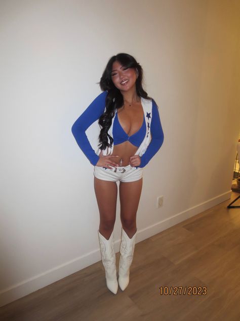 Diy last minute Dallas cowboy cheerleader halloween costume Halloween Costume Dallas Cowboy Cheerleader, Dallas Cowboy Cheerleader Halloween Costume Women, Tana Mongeau Halloween Costume, Dallas Cowgirl Costume, Cowboy Cheerleaders Costume, Dallas Cowboys Cheerleaders Costume Couple, 2000s Costume Ideas Woman, Skimpy Halloween Costume Ideas, Dallas Cowgirl Halloween Costume