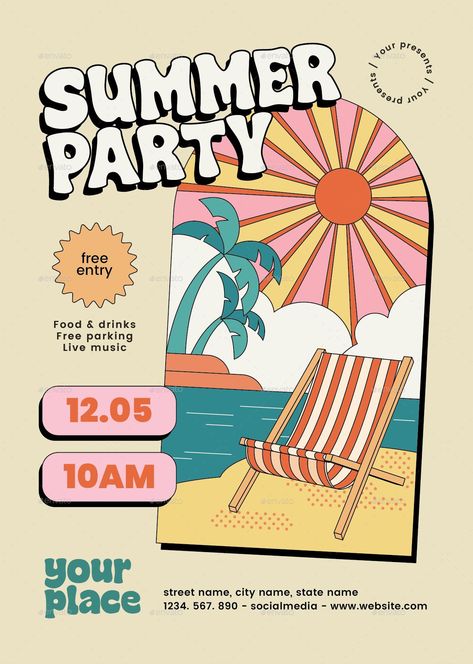 Summer Party Flyer Poster Advertising Design Ideas, Poster Ads Design Ideas, Graphic Design Flyers Advertising, Summer Festival Poster Design, Summer Promotion Design, Summer Festival Design, Fun Flyer Design, Flyer Design Inspiration Creative Ideas, Flyers Design Ideas