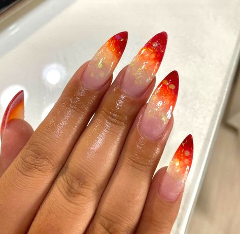 Red Orange Yellow Ombre Nails, Red And Orange Ombre Nails, Red Orange And Yellow Nails, Red Orange Ombre Nails, Fortnite Oc, Orange Yellow Nails, Orange Aura Nails, Ambre Nails, Ombre Chrome Nails