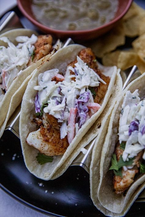 Fish Taco Slaw Blackstone Camping Recipes, Blackstone Camping, Fish Taco Slaw, Taco Slaw, Slaw For Fish Tacos, Fried Fish Tacos, Blackened Fish Tacos, Blackened Fish, Blacken Fish