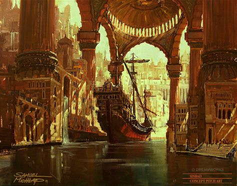 Fantasy Docks Concept Art, Greece Concept Art, Ship Dock Concept Art, Fantasy Canal City, Canal City Fantasy Art, Port City Aesthetic, Port City Concept Art, Fantasy Harbor City, Harbor Concept Art