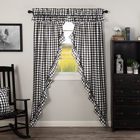 The Annie buffalo check ruffled prairie panel set creates a relaxed country feel for your home. Featuring classic buffalo check plaid and elegant ruffles, these curtains are a versatile choice for accenting vintage kitchens, laundry rooms, and more. The gracefully angled drapes perfectly frame windows providing a bit of polish for your home. Our fully lined prairie panels come with built in drawstrings to adjust each panel to meet your style needs, along with a curtain rod pocket for easy hangin Vhc Brands, Buffalo Plaid Pattern, Farmhouse Curtains, Country Curtains, Custom Drapes, Cotton Curtains, Lined Curtains, Rod Pocket Curtain Panels, Rod Pocket Curtains