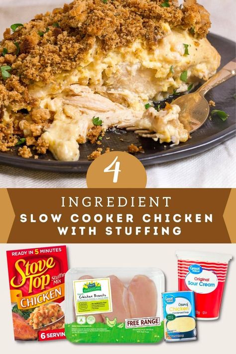 If you have a busy day ahead of you, don't worry about dinner. This 4 Ingredient Slow Cooker Chicken With Stuffing is the perfect make-ahead slow cooker meal. Plus, it's an easy crock-pot chicken recipe that is very budget-friendly and a great way to feed the entire family. Chicken Stuffing Crockpot, Stuffing Crockpot, Chicken With Stuffing, Crockpot Chicken And Dressing, Chicken And Dressing, Chicken And Stuffing, Slow Cooker Meal, Chicken Stuffing, Chicken Crockpot Recipes Easy