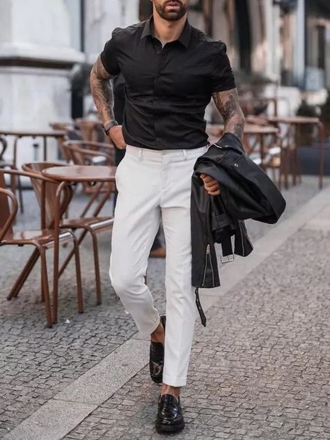 Black Shirt Half Sleeves Men, Black Shirt Mens Outfit, Black Shirt White Pants Men, Black Pants And White Shirt Outfit Men, Black And White Business Casual Men, Black And White Casual Outfits For Men, Black And White Mens Outfit Formal, Black And White Semi Formal Outfits Men, Black Half Sleeve Shirt Men