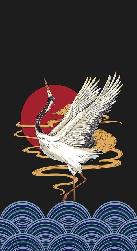 White Crane, Metal Poster Displate, Bird Art, Sun, Water, Red, White, Art