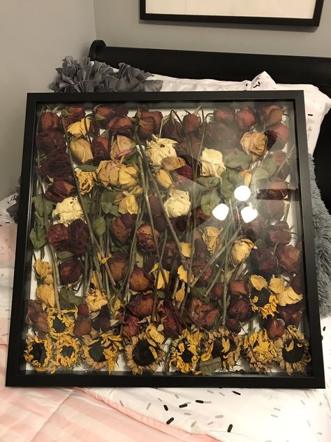 She took all the flowers her boyfriend ever gave her and put them in a shadowbox. Adorable! Flowers From Boyfriend, Surprise Gifts For Him, Dried Flowers Diy, Flower Shadow, Boyfriend Crafts, Flower Shadow Box, Bf Gifts, Relationship Gifts