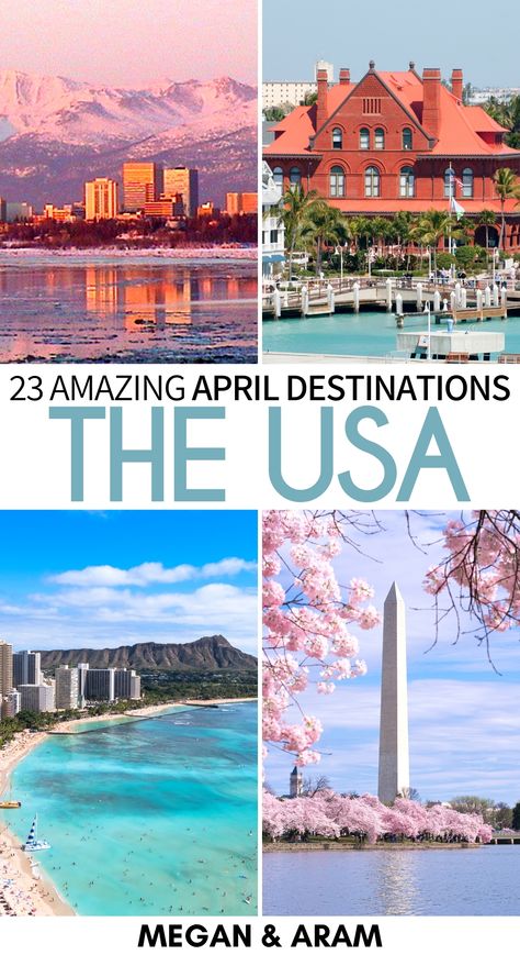 Looking for the best places to visit in April in the USA for your upcoming trip? These destinations are some of the best during spring in the US and will inspire you to go travel! | USA in April | April in USA | USA in spring | Spring in USA | America in April Boston in April | Florida in April | Where to travel in April | California in April | Washington DC April Best Us Vacations In April, Spring Travel Destinations Usa, Places To Vacation In The Us, April Honeymoon Destinations, Best Spring Break Destinations In The Us, Spring Road Trips, April Vacation Destinations, Spring Break Destinations Usa, Best Places To Travel In April