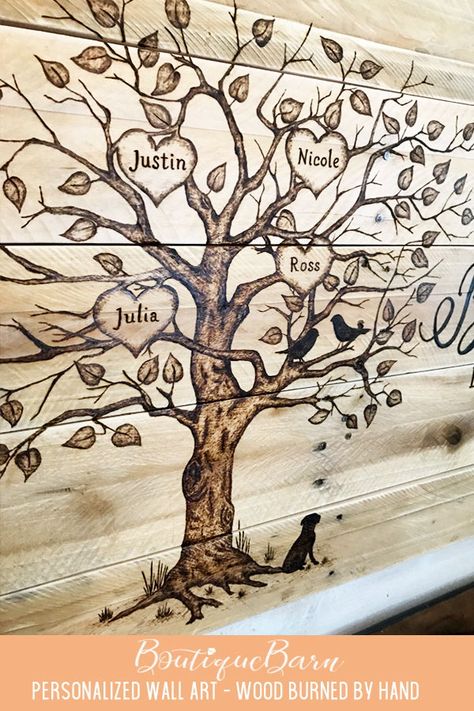 Love grows here! This family tree is wood burned by hand, onto a pallet of reclaimed wood boards for a wonderfully rustic look! #familytreewalldecor #personalizedwalldeocr #lovegrowshere Family Tree Wood Burning, Family Wood Burning Signs, Family Tree Wood Sign, Wood Burning Farmhouse Decor, Wood Burning Family Signs, Above Kitchen Cabinets Farmhouse, Burnt Wood Projects, White Farmhouse Kitchen Decor, Farmhouse Decor Above Kitchen Cabinets